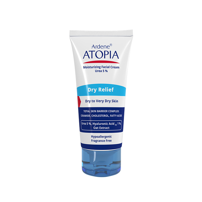 کرم مرطوب‌کننده صورت آردن آتوپیا، مدل Dry Relief، مناسب پوست‌های خشک، خیلی خشک و حساس، با عصاره جو دوسر، حاوی سرامید، کلسترول و اسیدهای چرب، اوره 5 درصد و هیالورونیک‌اسید 1 درصد، بدون ایجاد حساسیت و بدون رایحه، مناسب استفاده در روز و شب، حجم 50 میلی‌لیتر