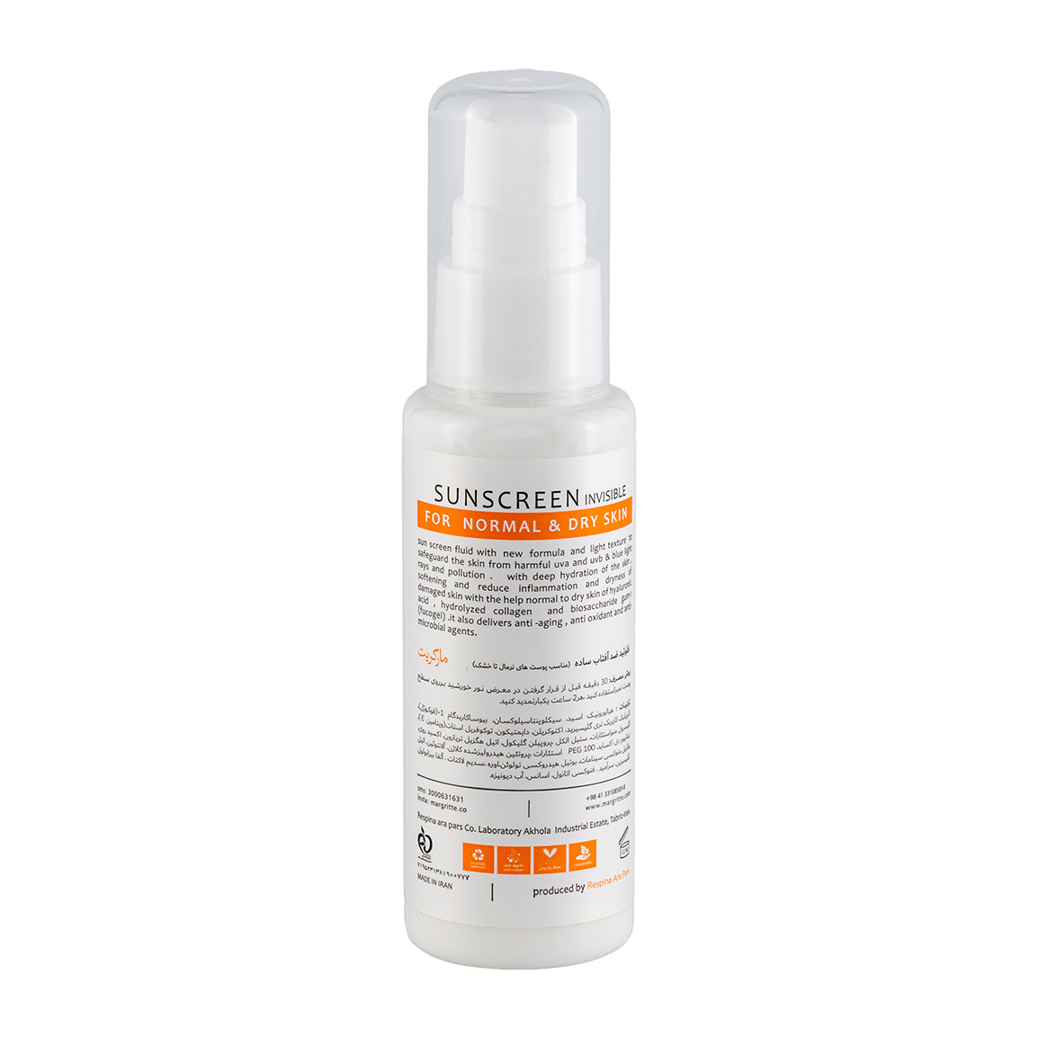 فلوئید ضد آفتاب بدون رنگ مارگریت SPF 50 مدل fusion Water محافظ UVA و UVB، ضد لک و روشن کننده، مناسب برای پوست های خشک و نرمال حجم 50 میلی لیتر