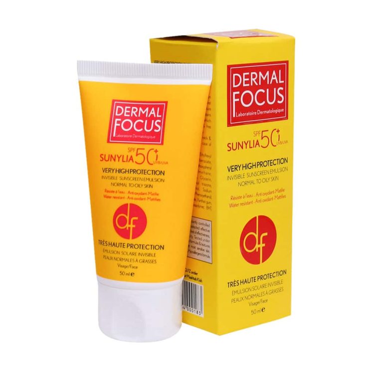 کرم ضد آفتاب SPF50 بی رنگ سانیلیا پوست نرمال تا چرب درمال فوکوس 50 میلی لیتر