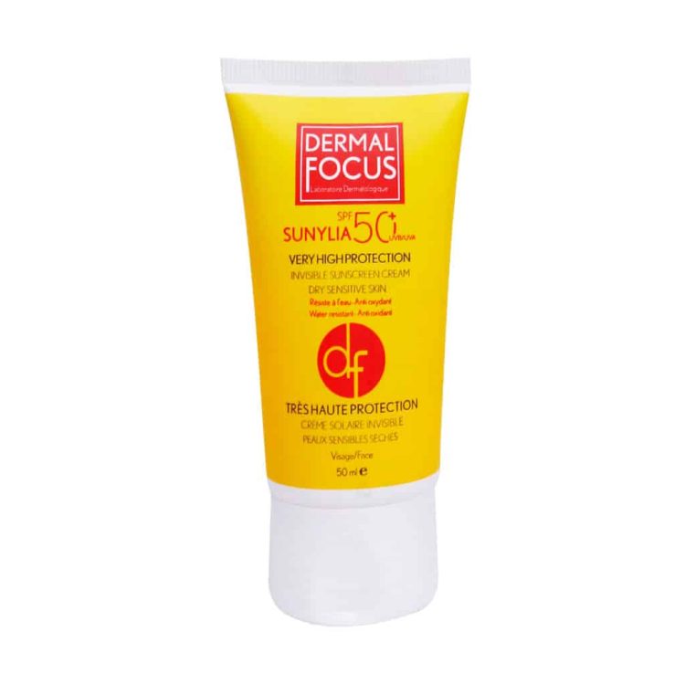 کرم ضد آفتاب SPF50 بی رنگ سانیلیا پوست خشک و حساس درمال فوکوس 50 میلی لیتر
